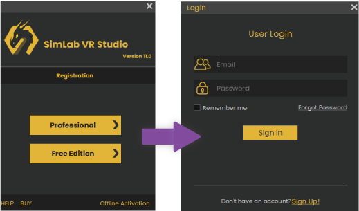 Open the VR Studio and sign up/sign in to your account